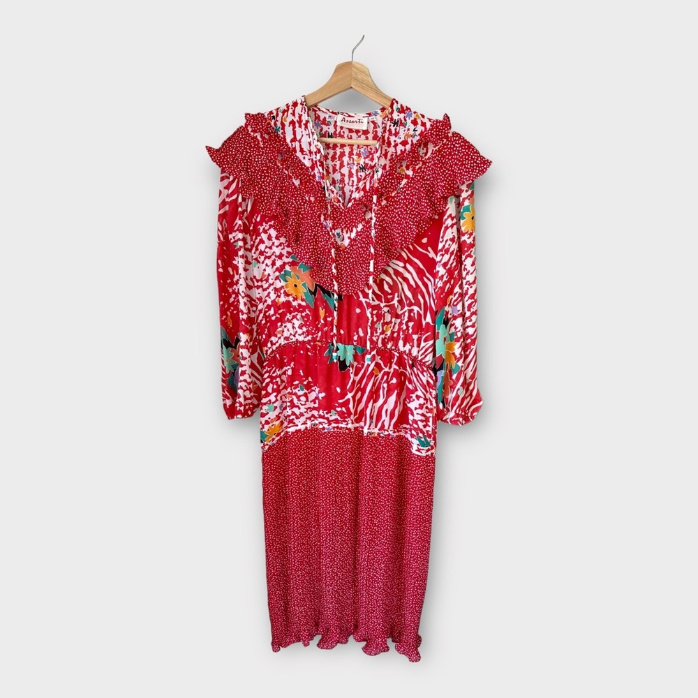Vintage‎ Pleated Ruffle Maxi Dress – Assorti Printed Flowy, M